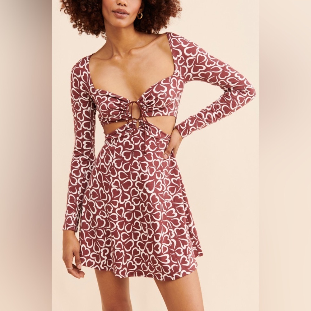 NWT Urban Outfitters Burgundy Heart Print Long Sleeve Dress Size Large
